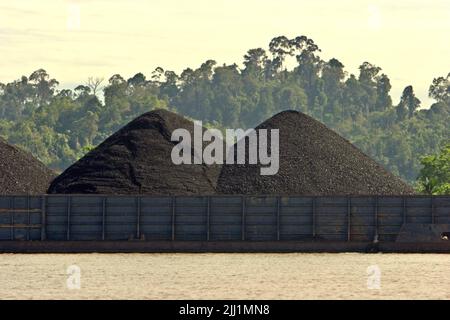 Barge de charbon sur la rivière Segah à Tanjung Redeb, Berau, Kalimantan oriental, Indonésie. Banque D'Images