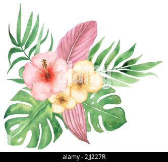 Aquarelle fleurs tropicales dessinées à la main bouquet clipart. Illustration de fleurs exotiques roses et jaunes. Monstera et arrangement de feuilles de palmier. Mariage inv Banque D'Images