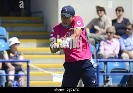 Brandon Nakashima (États-Unis) sur le premier court du Rothesay International tennis, Devonshire Park, Eastbourne, Royaume-Uni. 20th juin 2022. Il a battu Jay Clarke (GB) Banque D'Images