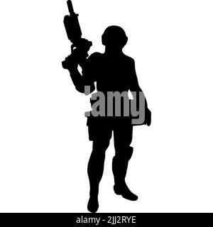 Silhouette noire et blanche d'un soldat avec une arme. Un soldat des forces spéciales vise et tire un fusil ou une mitrailleuse à l'ennemi Banque D'Images