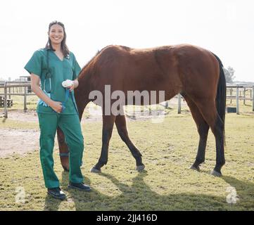 Mon travail ici est terminé. Plan en longueur d'un jeune vétérinaire attrayant debout seul après avoir examiné un cheval sur une ferme. Banque D'Images