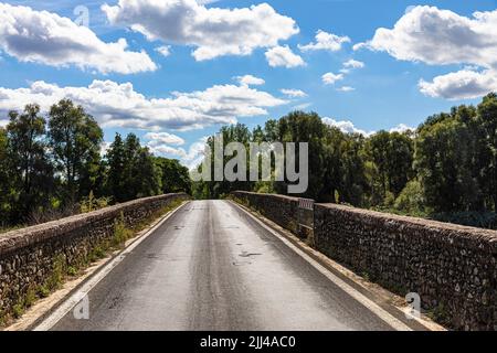 Pont d'arche en pierre, Ponte Buriano, au-dessus de la rivière Arno, près d'Arezzo, Toscane, Italie Banque D'Images