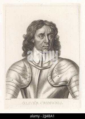 Portrait d'Oliver Cromwell, 1599-1658, chef parlementaire de la Guerre civile anglaise, Lord Protector. En combinaison avec une armure de plaque. Gravure en pitié de G. Scott après un dessin d’Edward Harding après une peinture de Sir Peter Lely de la galerie des portraits rares de Samuel Woodburn, composée de plaques originales, George Jones, 102 St Martin’s Lane, Londres, 1816. Banque D'Images