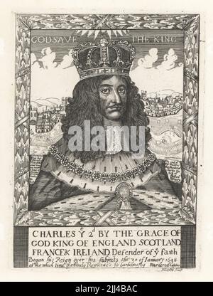 Roi Charles II d'Angleterre, 1630-1685, avec couronne sur sa tête, ermine manteau et collier de l'ordre du Garter. Vue de la parade des suicides de Charles I de Newgate à l'exécution sur Tower Hill en arrière-plan. Inscrit par la grâce de Dieu Roi d'Angleterre, d'Écosse, de France et d'Irlande. D'un imprimé rare et curieux de John Chantry. Gravure sur plaque de coperplate de la galerie des portraits rares de Samuel Woodburn, composée de plaques originales, George Jones, 102 St Martin's Lane, Londres, 1816. Banque D'Images