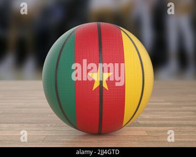 Ballon de basket-ball drapeau camerounais sur parquet. 3d illustration. Banque D'Images