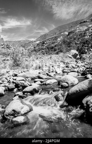 Vue en noir et blanc d'une rivière de montagne qui coule rapidement dans les montagnes du Drakensberg en Afrique du Sud Banque D'Images