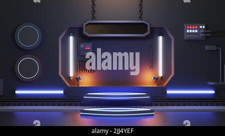 Podium futuriste Sci fi 3D rendu Alien bleu Neon verre moderne vide cyber punk jeu néon lumière Banque D'Images
