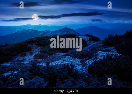 paysage de montagne en automne la nuit. magnifique paysage de la nature en pleine lumière de lune. pierres et plantes sur les collines. svydovets crête de moun de carpates Banque D'Images