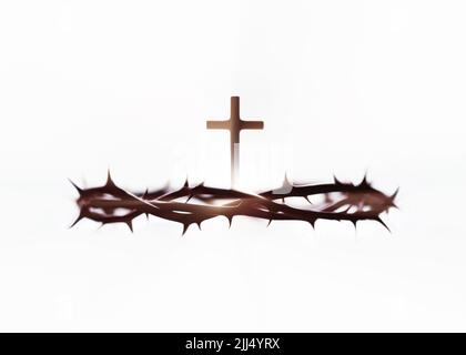 La couronne d'épines symbolisant le sacrifice et la souffrance de Jésus-Christ, la croix de la résurrection et un arrière-plan léger Banque D'Images
