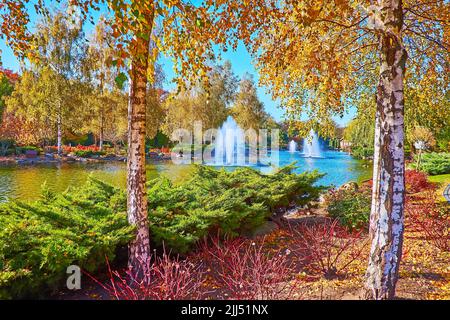 Le pittoresque bosquet d'automne jaune, buissons topiaires et fontaines sur le lac dans le parc, Mezhyhirya, Ukraine Banque D'Images