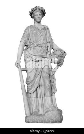 Ancienne statue en marbre de Melpomene Déesse de la tragédie. Sculpture femelle antique. Sculpture isolée sur fond blanc avec masque Banque D'Images