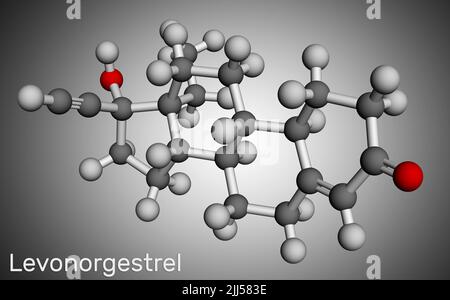 Molécule de progestatif de lévonorgestrel. Il est progestatif synthétique, contraceptif. Modèle moléculaire. 3D rendu. Illustration Banque D'Images