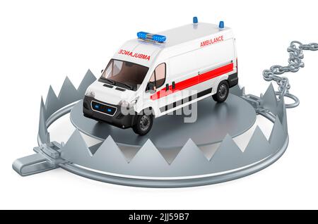 Piège à ours avec minibus ambulancier. 3D rendu isolé sur fond blanc Banque D'Images