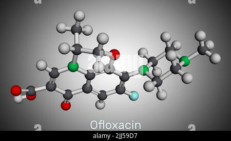 Molécule d'Ofloxacin fluoroquinolone. C'est un antibiotique quinolone, médicament antibactérien. Modèle moléculaire. 3D rendu. Banque D'Images