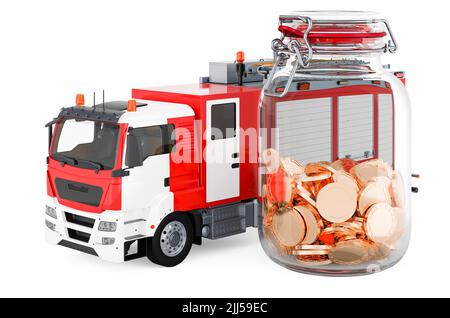 Camion de feu avec pot en verre plein de pièces de monnaie dorées, 3D rendu isolé sur fond blanc Banque D'Images