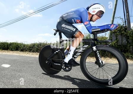 France. 23rd juillet 2022. France. 23rd juillet 2022. Belge Edward Planckaert d'Alpecin-Deceuninck photographié en action pendant la phase 20 de la course cycliste Tour de France, un essai individuel de 40,7km temps de Lacapelle-Marival à Rocamadour, France, le samedi 23 juillet 2022. Le Tour de France de cette année a lieu du 01 au 24 juillet 2022. BELGA PHOTO DAVID PINTENS - UK OUT crédit: Belga News Agency/Alay Live News crédit: Belga News Agency/Alay Live News Banque D'Images