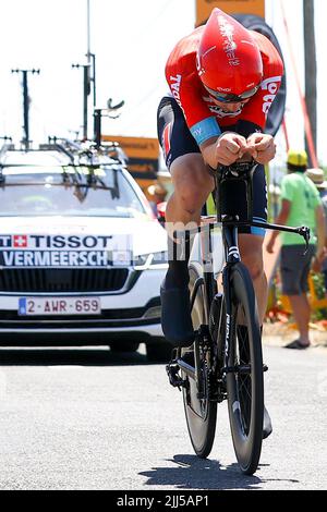 France. 23rd juillet 2022. France. 23rd juillet 2022. Belge Florian Vermeersch de Lotto Soudal photographié en action pendant la phase 20 de la course cycliste Tour de France, un essai individuel de 40,7km temps de Lacapelle-Marival à Rocamadour, France, le samedi 23 juillet 2022. Le Tour de France de cette année a lieu du 01 au 24 juillet 2022. BELGA PHOTO DAVID PINTENS - UK OUT crédit: Belga News Agency/Alay Live News crédit: Belga News Agency/Alay Live News Banque D'Images