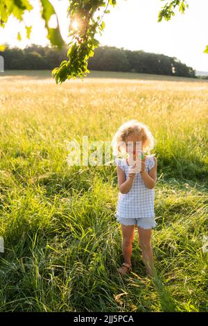 Fille souriante tenant une lollipop debout sur l'herbe Banque D'Images