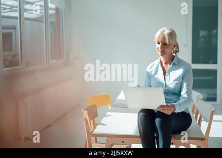 Femme d'affaires senior utilisant un ordinateur portable assis sur un bureau Banque D'Images