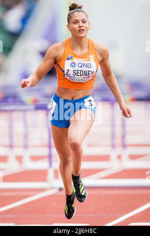 Zoe Sedney photographié en action pendant les épreuves de la course féminine de 100m haies, aux Championnats du monde d'athlétisme de l'IAAF 19th à Eugene, Oregon, États-Unis, samedi 23 juillet 2022. Les mondes ont lieu du 15 au 24 juillet, après avoir été reportés en 2021 en raison de la pandémie du virus corona. BELGA PHOTO JASPER JACOBS Banque D'Images