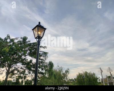 La vue à angle bas d'une lampe de rue rétro par les arbres et le ciel nuageux fond Banque D'Images