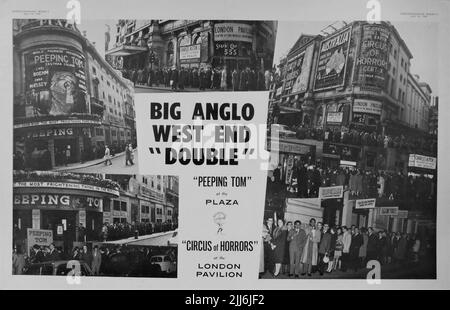 British Trade ad de 14 avril 1960 avec des cinémas londoniens montrant le réalisateur TOM MICHAEL POWELL sur place et le réalisateur SIDNEY HAYERS du CIRQUE DES HORREURS au Pavillon de Londres Anglo-Amalgamated film Distributors Banque D'Images