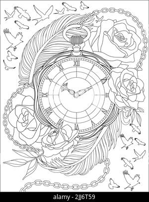Une vieille montre de poche vintage entourée de roses et de plumes avec des oiseaux qui volent autour - idéal pour colorer Banque D'Images