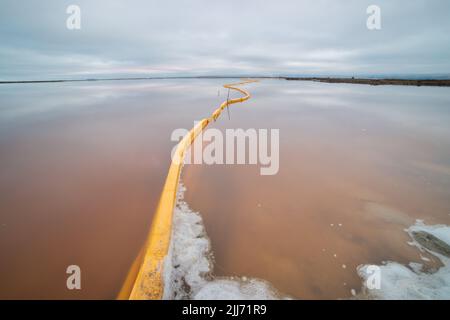 Barrière de turbidité ou rampe de débris flottante destinée à capturer des déchets ou des détritus au parc du comté d'Alviso Marina, près de San Jose, en Californie. Banque D'Images