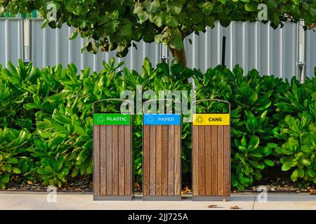Poubelles modernes en bois pour la collecte séparée des déchets dans le parc public de la ville d'Abu Dhabi, eau. Écologie urbaine. Protection de l'environnement. Banque D'Images