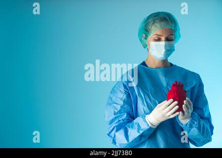 Coeur dans les mains d'une femme médecin - studio bleu fond photo de haute qualité . Photo de haute qualité Banque D'Images