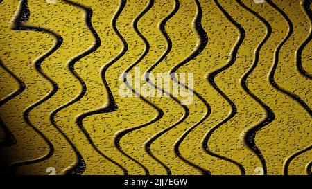 Texture jaune avec points noirs et ondes noires. Texture liquide noire. Paroi jaune avec formes abstraites de lignes courbes. Lignes ondulées noires sur fond jaune. 3d rendu Banque D'Images