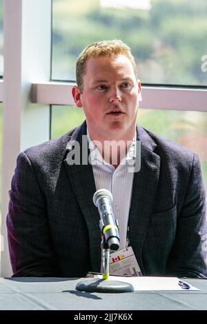 Edmonton, Canada. 23rd juillet 2022. Steven Kwasny (membre de l'équipe organisatrice de la visite papale) parle aux médias avant la visite canadienne de sa Sainteté le pape François, au sujet de la préparation requise pour une telle visite, ainsi que des attentes de la visite à Edmonton, au Québec et à Iqualuit. (Photo de Ron Palmer/SOPA Images/Sipa USA) crédit: SIPA USA/Alay Live News Banque D'Images