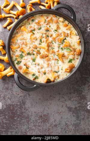 Sauce crémeuse aux chanterelles, au fromage, à l'ail et aux herbes dans une poêle sur la table. Vue verticale du dessus Banque D'Images