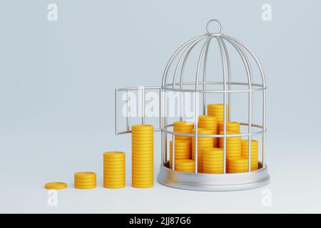 Pièces d'or appât pour un piège. Escroquerie d'argent. Piles de pièces de monnaie dorées dans une cage. 3d rendu. Banque D'Images