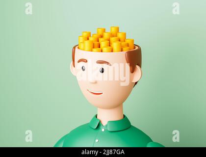 Réflexions sur l'argent. La tête est pleine de pièces d'or. Le concept de richesse et de réussite. 3d rendu. Banque D'Images