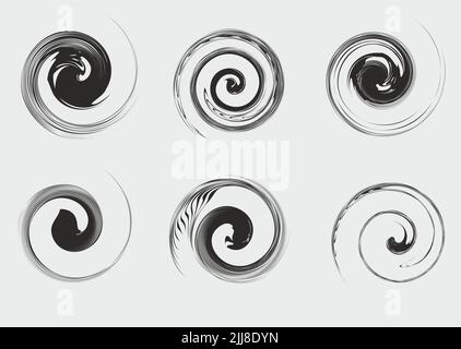 Icônes en spirale noires sur fond gris pour vos idées créatives. Formes vortex tendance pour imprimés, tissus, textiles, mode, logos, emblèmes, icônes web Banque D'Images