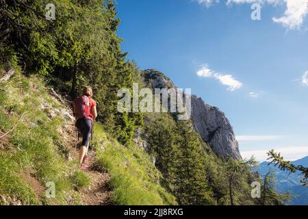 Femme randonnée routard dans la nature avec des montagnes en arrière-plan. Banque D'Images