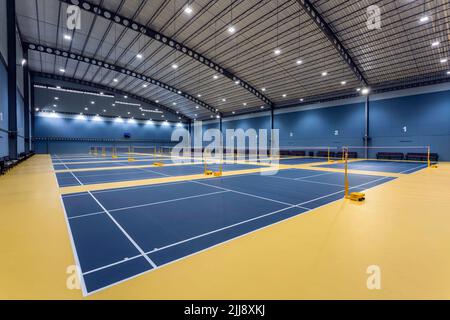 Chonburi, Thaïlande - 26 avril 2017: Terrain de badminton intérieur avec plancher de Decoflex à Bowin Arena situé à Chonburi, Thaïlande. Banque D'Images