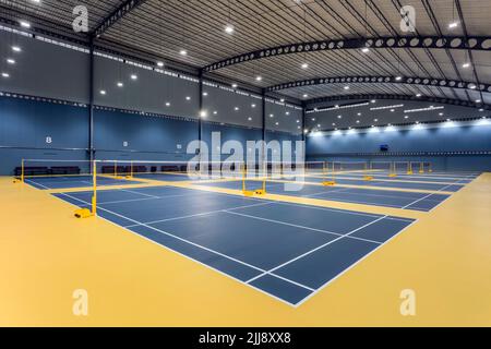 Chonburi, Thaïlande - 26 avril 2017: Terrain de badminton intérieur avec plancher de Decoflex à Bowin Arena situé à Chonburi, Thaïlande. Banque D'Images