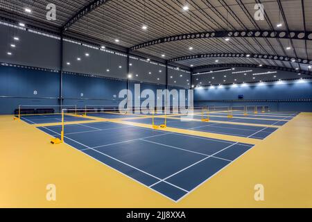 Chonburi, Thaïlande - 26 avril 2017: Terrain de badminton intérieur avec plancher de Decoflex à Bowin Arena situé à Chonburi, Thaïlande. Banque D'Images