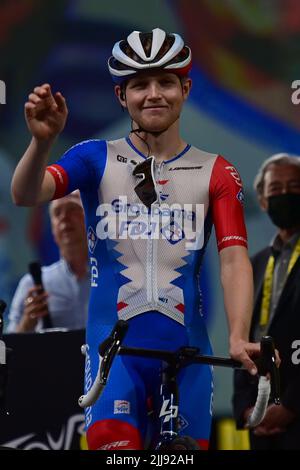 Paris, France, le 24th juillet 2022. Michael Storer, d'Australie, et Team Groupama-FDJ, se présente à l'étape 21 du Tour de France, de l'arène Paris la Défense aux champs-Élysées de Paris. Credit: Pete Goding/Alamy Live News Banque D'Images