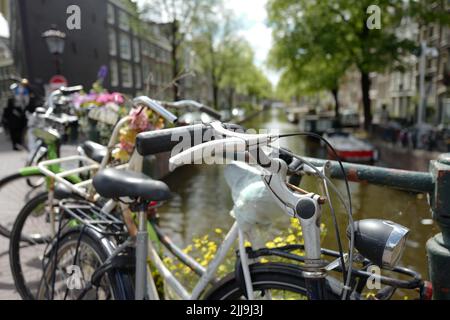 Vélos sur un pont à travers Egelantiersgracht à Amsterdam Banque D'Images