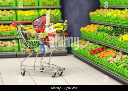 Chariot plein de nourriture dans un supermarché ou une épicerie avec des étagères avec des fruits et des légumes. 3d illustration Banque D'Images