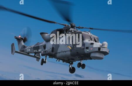 Un hélicoptère naval Wildcat HMA2 exploité par le 815 Naval Air Squadron faisant partie du bras aérien de la flotte de la Royal Navy Banque D'Images