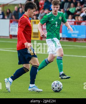 Inver Park, Larne, Comté d'Antrim, Irlande du Nord, Royaume-Uni. 03 juin 2022. Championnat UEFA 2023 Under21 qualification - Groupe C - Irlande du Nord 0 Espagne 6. Espagne international U21 joueur Julen Lobete Espagne (7) Banque D'Images