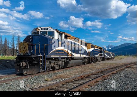 Locomotive Rocky Mountaineer avec wagons sur les voies ferrées de la gare de Jasper, Jasper, Alberta, Canada. Banque D'Images