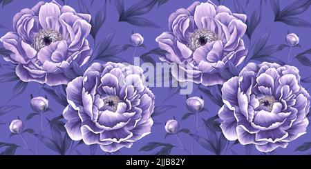Belles pivoines violettes, bourgeons violets, feuilles de lilas poussiéreuses. Motif botanique sans couture. Fond floral violet. Papier peint dans des couleurs très peri. Main d Banque D'Images