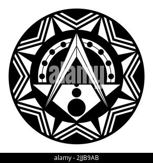 Carré et Compasses, signe dans un disque avec le modèle octogonal. Symbole de franc-maçonnerie, avec un arc en pointillés, entouré d'un motif d'une étoile à huit pointes. Banque D'Images