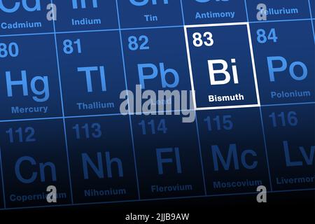 Bismuth sur la table périodique. Élément métallique et chimique radioactif après transition avec symbole Bi, peut-être issu de la Wismut allemande obsolète. Banque D'Images