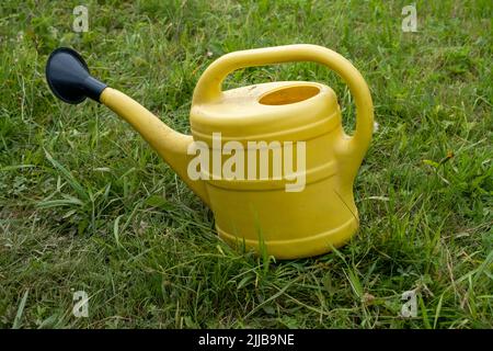 arrosoir jaune pour arroser les fleurs sur fond vert de prairie Banque D'Images